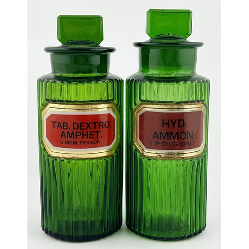 157 - CHEMIST ROUND DUO. Tallest 6.75ins. Green ribbed, label under glass with stoppers. Minor damage to l... 