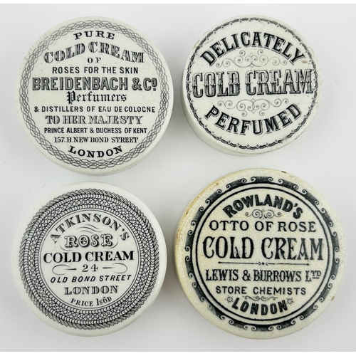 164 - COLD CREAM POT LID GROUP. Largest 3ins. Inc. Rowlands, Atkinsons, Breidenbach. Minor chips. (4)