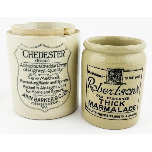 168 - FOOD JAR DUO. Tallest 4.5ins. Chedester/ Kensington & Robertsons Thick Marmalade. Rear & base p.m. C... 