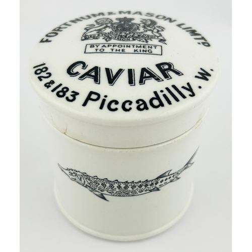 173 - FORTNUM & MASON CAVIAR JAR. 3.5ins tall. Striking transfer to lid & base. Chips.