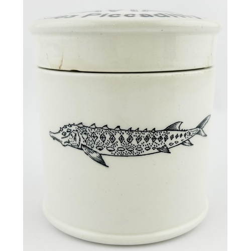 173 - FORTNUM & MASON CAVIAR JAR. 3.5ins tall. Striking transfer to lid & base. Chips.