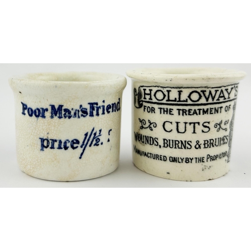 175 - OINTMENT POT DUO. Largest 1.75ins. Poor mans friend & Hollways. Minor nicks. (2)