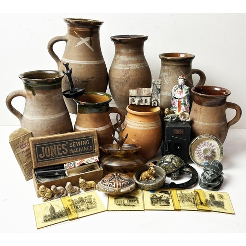 120 - ECLECTIC MIX. Pottery jugs, glass slides & trinkets etc. Damages. (30+) 7/10 Unsuitable p+p