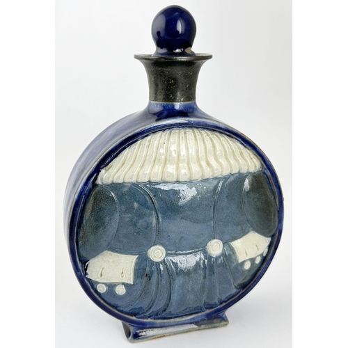 425 - DOULTON LAMBETH MOON FLASK. 9.4ins tall to top of ceramic stopper. Stoneware. Flat fronted circular ... 