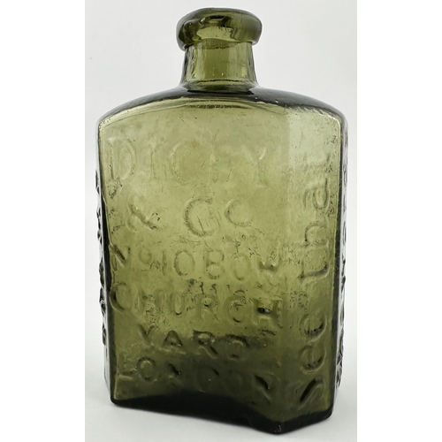 428 - DAFFYS ELIXIR BOTTLE. 4.5ins tall. Olive green glass, rectangular cross scetion, bevelled corners. S... 