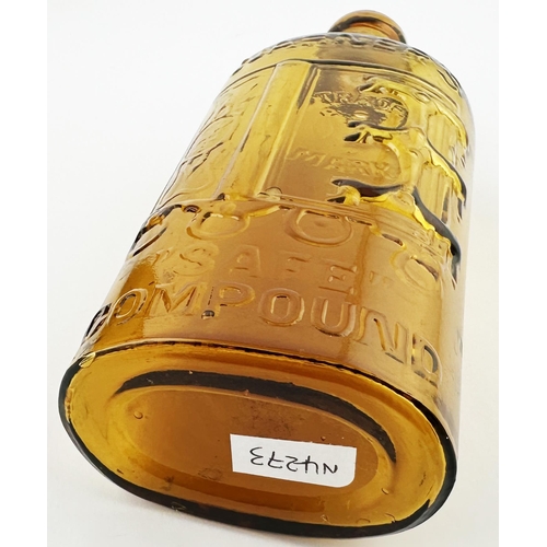 431 - WARNERS SAFE COMPOUND BOTTLE. 6.1ins tall. Golden amber glass with blop lip. This is the round sides... 