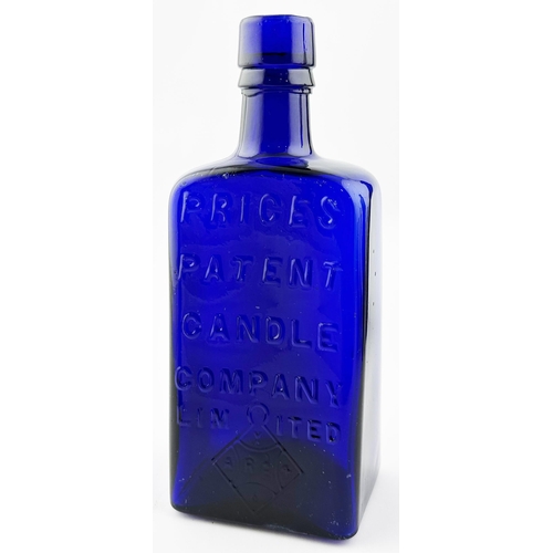 436 - PRICES PATENT BOTTLE. 7.5ins tall. Strong deep cobalt blue glass, rounded shoulders. Boldly embossed... 