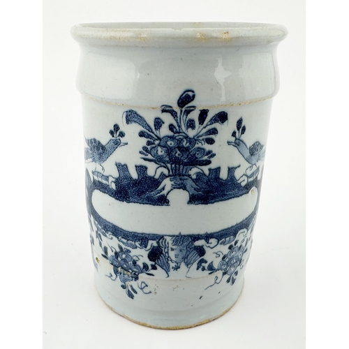 438 - DELFT TIN GLAZED DRUG JAR. 6.4ins tall. Decorated with the Song Bird & Basket design - empty central... 