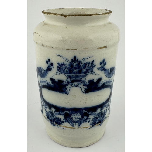 439 - DELFT TIN GLAZED DRUG JAR. 5ins tall. Decorated with the Song Bird & Basket design with empty centra... 