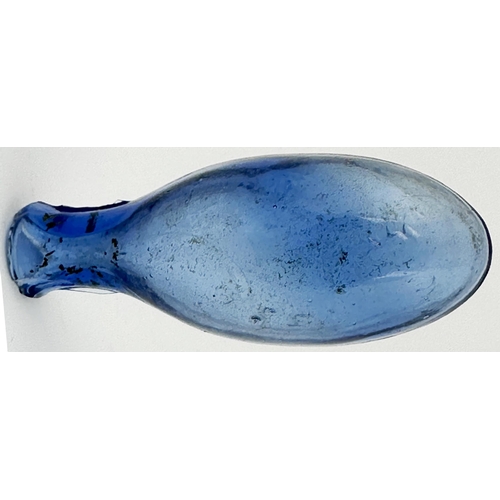 446 - JAS LEWIS MINIATURE HAMILTON BOTTLE. 3.8ins long. Mid blue glass, sheared lip, uneven - see close up... 