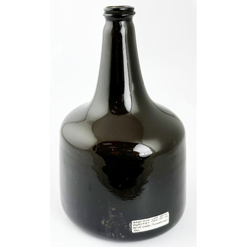 451 - ENGLISH MALLET WINE BOTTLE. 8.5ins tall. Black/ dark green-amber glass. Hand written David Walker Ba... 