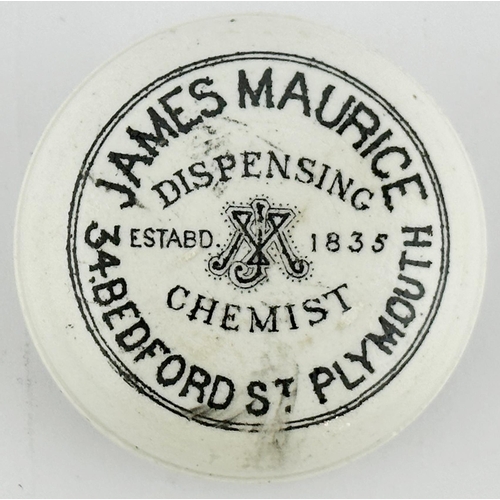 481 - PLYMOUTH BUTTON LID. (APL pg 88, 77a) 1.8ins diam. White button lid, entwined initials t.m. JAMES MA... 