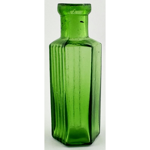 488 - MANCHESTER ROYAL INFIRMARY POISON BOTTLE. (DP p100) 3.4ins tall. Green glass, 2 vertically ribbed si... 