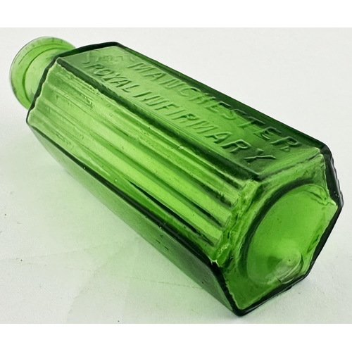 488 - MANCHESTER ROYAL INFIRMARY POISON BOTTLE. (DP p100) 3.4ins tall. Green glass, 2 vertically ribbed si... 