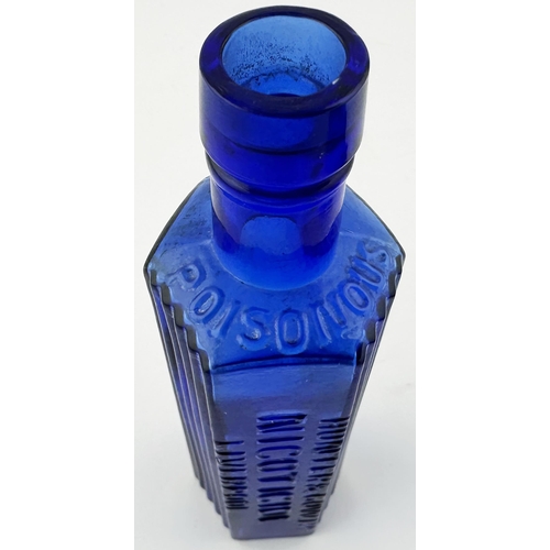 498 - LIVERPOOL NICOTICIDE POISON BOTTLE. 5.8ins tall. Cobalt blue hexagonal, 2 side panels vertically rib... 