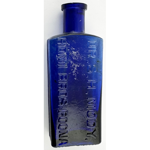 498 - LIVERPOOL NICOTICIDE POISON BOTTLE. 5.8ins tall. Cobalt blue hexagonal, 2 side panels vertically rib... 