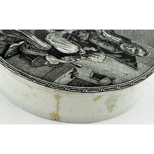 501 - MANCHESTER PRATTWARE POT LID. (APL pg 436/437) 2.8 ins diam. Strong black transfer A REBEL JACK AT O... 