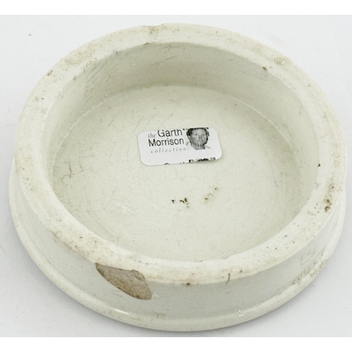 511 - STOKE DEVONPORT TOOTH PASTE POT LID. (APL pg 88, 85) 2.8ins diam. Black transfer with ribbon stating... 