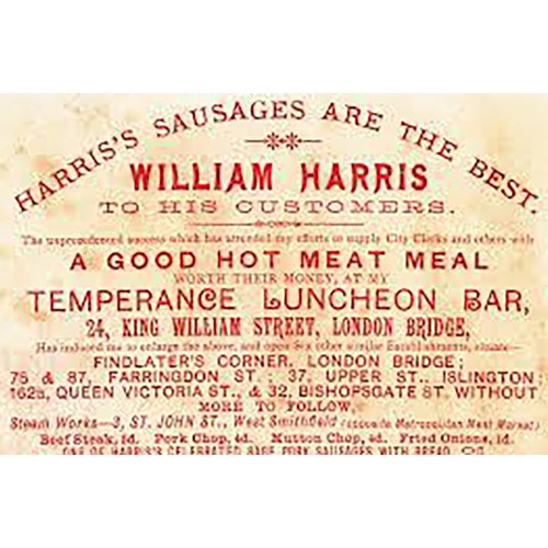 604 - HARRISS SAUSAGES ADVERTISING PLATE. 17.6ins diam. Early advertising plate, maroon outer border, larg... 