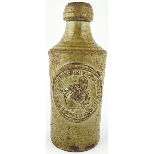 605 - ACCRINGTON LANCASHIRE SLAB SEALED GINGER BEER. 6.9ins tall, crude hand thrown stoneware ginger beer ... 