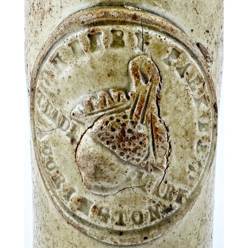 605 - ACCRINGTON LANCASHIRE SLAB SEALED GINGER BEER. 6.9ins tall, crude hand thrown stoneware ginger beer ... 