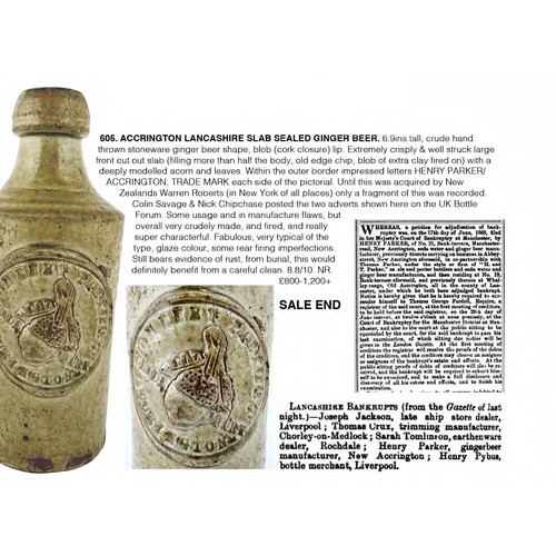 605 - ACCRINGTON LANCASHIRE SLAB SEALED GINGER BEER. 6.9ins tall, crude hand thrown stoneware ginger beer ... 