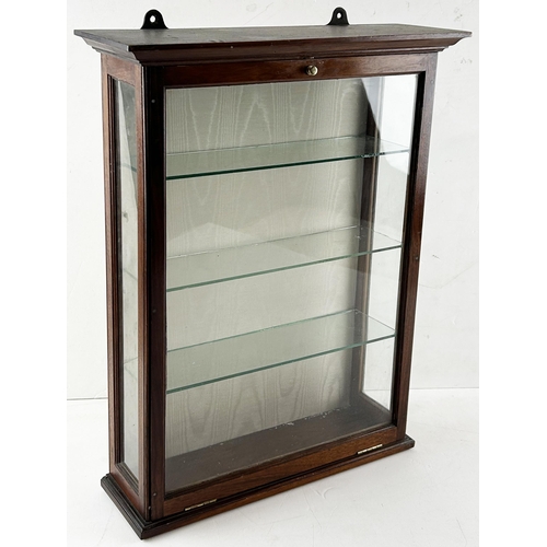 230 - FRONT LOADING CABINET. 20.5 x 14.5ins. Dark wood, 3 glass shelves, wall mounted brackets so can be f... 