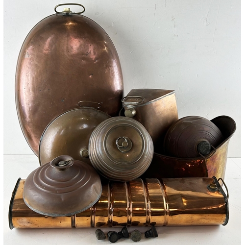 237 - COPPER BED WARMERS GROUP. Largest 24ins. Various shapes & sizes, some embossed & with stoppers. Worn... 