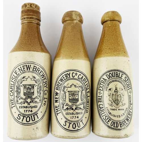 383 - CUMBRIA GINGER BEER BOTTLE TRIO. 8.5ins tallest. T.t, 2 blop top, 1 square screw lip c.h. Strong bla... 