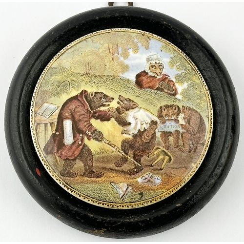 387 - BEARS AT SCHOOL PRATT POT LID. (KM p36, 9) 3.75ins diam including frame. A characterful Prattware po... 