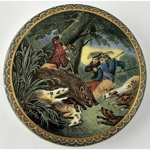 390 - THE BOAR HUNT PRATT POT LID. (KM p130, 288) 3.8ins diam. Striking multicoloured lid, very strong col... 