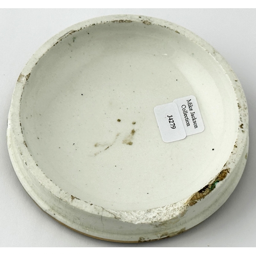 390 - THE BOAR HUNT PRATT POT LID. (KM p130, 288) 3.8ins diam. Striking multicoloured lid, very strong col... 