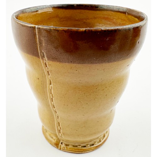 441 - MINIATURE DATED LEATHER LIKE BEAKER. 2.3ins tall. T.t., salt glaze beaker shape, leather effect rear... 