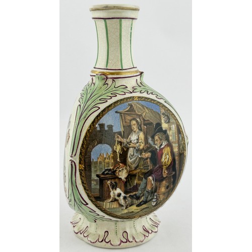 384 - PRATT SOYERS RELISH SAUCE BOTTLE. 8ins tall, tricorn form. Three different panel images: Alexis Soye... 