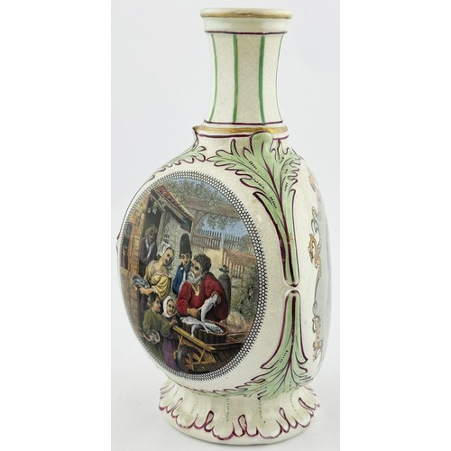 384 - PRATT SOYERS RELISH SAUCE BOTTLE. 8ins tall, tricorn form. Three different panel images: Alexis Soye... 