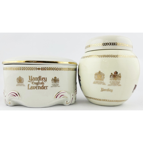 128 - YARDLEY LAVENDER LIDDED JARS DUO. Tallest 5.5ins. Multicoloured images of lady with children, both w... 