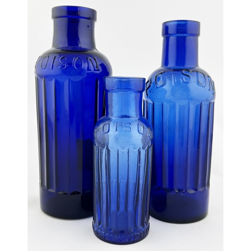 19 - POISON BOTTLE TRIO. Tallest 7.5ins. Embossed/ vertically ribbed, one KILNER BROS. Minute chips. (3)