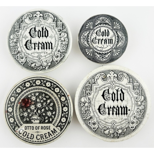 23 - COLD CREAM POT LID GROUP. Largest 3ins diam. Various designs. Chips & hairline. (4)