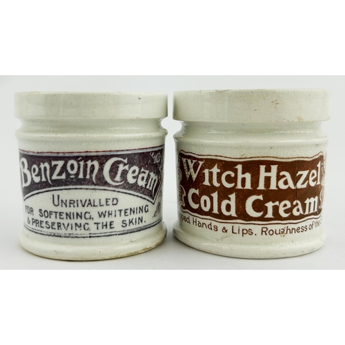 42 - OINTMENT POT DUO. Largest 2ins. BENZOIN & WITCH HAZEL. Coloured transfers. Chips. (2)