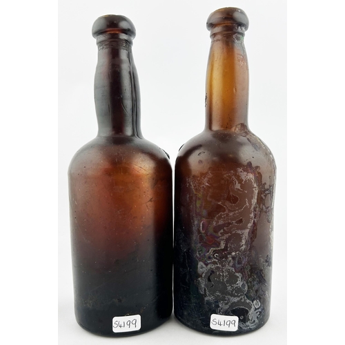 55 - SHOULDER RIBBON SEALED LIQUEUR BOTTLE DUO. Tallest 8.25ins tall. Applied, uneven, ribbon seal F PETE... 