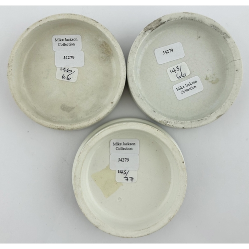 59 - CARBOLIC TOOTH PASTE POT LID TRIO. Largest 2.75ins. All various patterns, nice trio. Chips. (3)