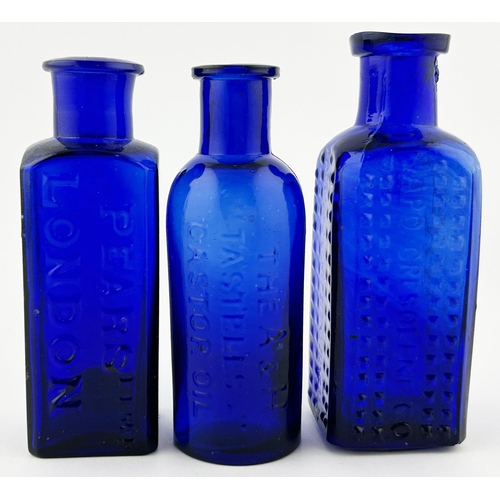 8 - CHEMIST BOTTLE TRIO. Tallest 4ins. Embossed & patterned. Body dings & lip nicks. (3)