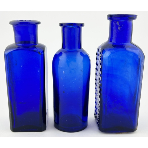 8 - CHEMIST BOTTLE TRIO. Tallest 4ins. Embossed & patterned. Body dings & lip nicks. (3)