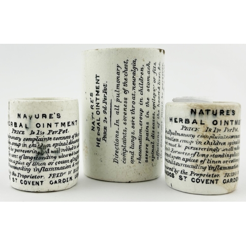 9 - OINTMENT POT TRIO. Tallest 2.45ins. All Natures Herbal ointment. Stained & chip. (3)