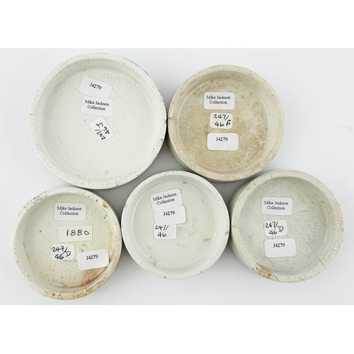 163 - ATKINSONS ROSE COLD CREAM POT LID GROUP. Largest 3ins. All various prices. Minor staining & hairline... 