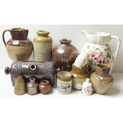 199 - POTTERY MIX. Largest 11.5ins. Jugs, stoneware, pot, footwarmer etc. Damages. (13)