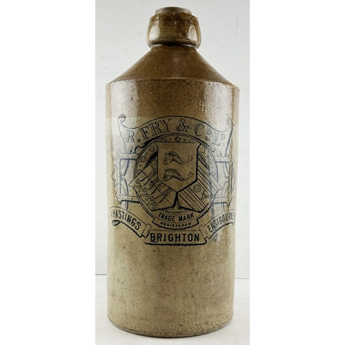 212 - BRIGHTON FLAGON. 18ins tall. R FRY & CO LTD. t.m. to centre, wooden spigot, double sided. Damaged. U... 