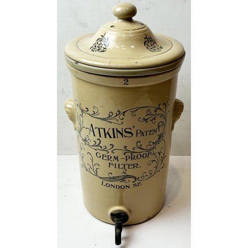 241 - LONDON WATER FILTER. 18.5ins tall. ATKINS PATENT/ GERM PROOF/ FILTER/ LONDON. Complete with brass ta... 