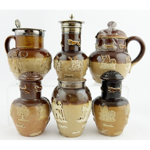 255 - DOULTON LAMBETH MINIATURE CONDIMENT GROUP. Largest 3.25ins. Inc. Salt & pepper, mustard & jugs. Grea... 