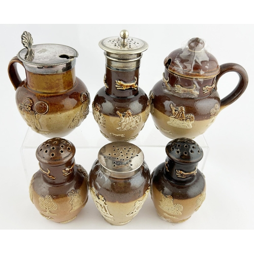 255 - DOULTON LAMBETH MINIATURE CONDIMENT GROUP. Largest 3.25ins. Inc. Salt & pepper, mustard & jugs. Grea... 